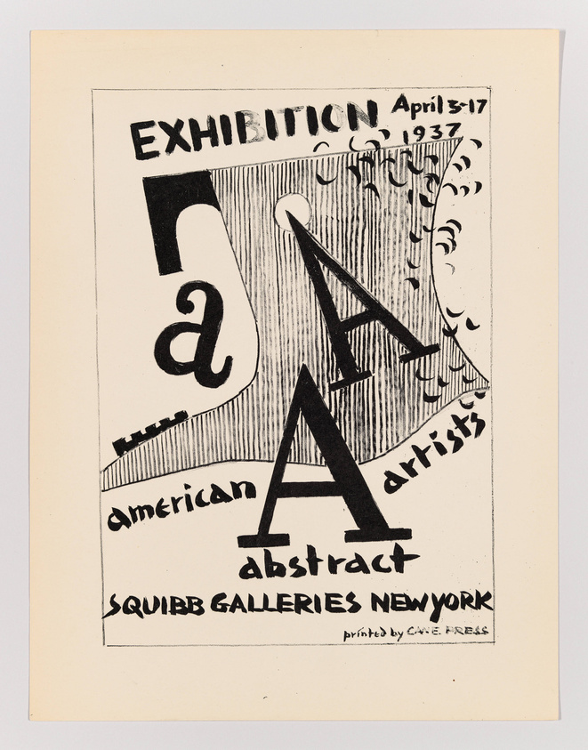Vintage poster for an abstract art exhibition held from April 3-17, 1937, at Squibb Galleries New York, featuring stylized lettering and graphic elements.