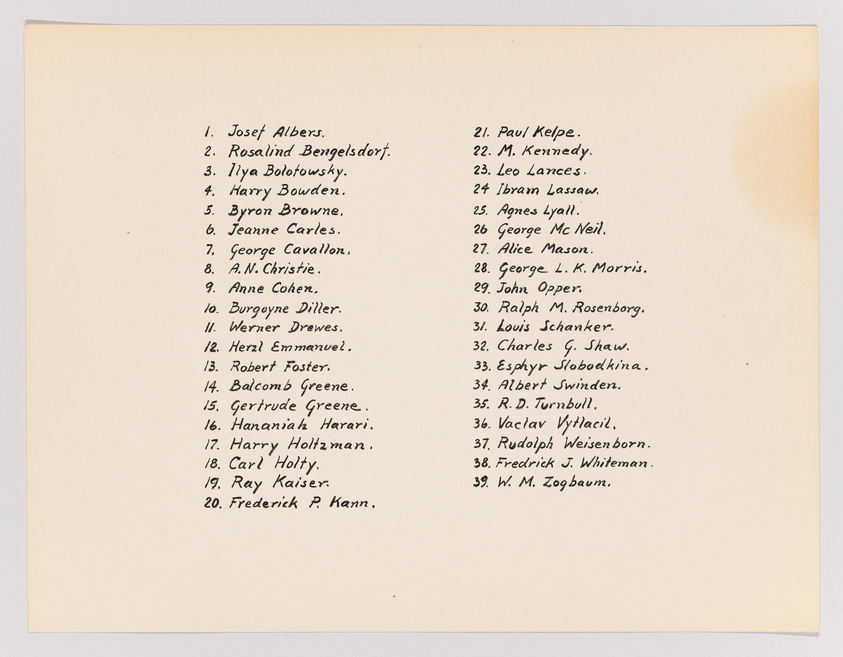 A photograph of a typed list of names on a beige background, featuring 36 individual names, some with initials, organized in two columns. Each name is followed by a period. The list includes various surnames such as Albers, Bengelsdorf, Bolotowsky, and Holtzman, among others. The text is black with a typewriter font, suggesting an official or formal document.