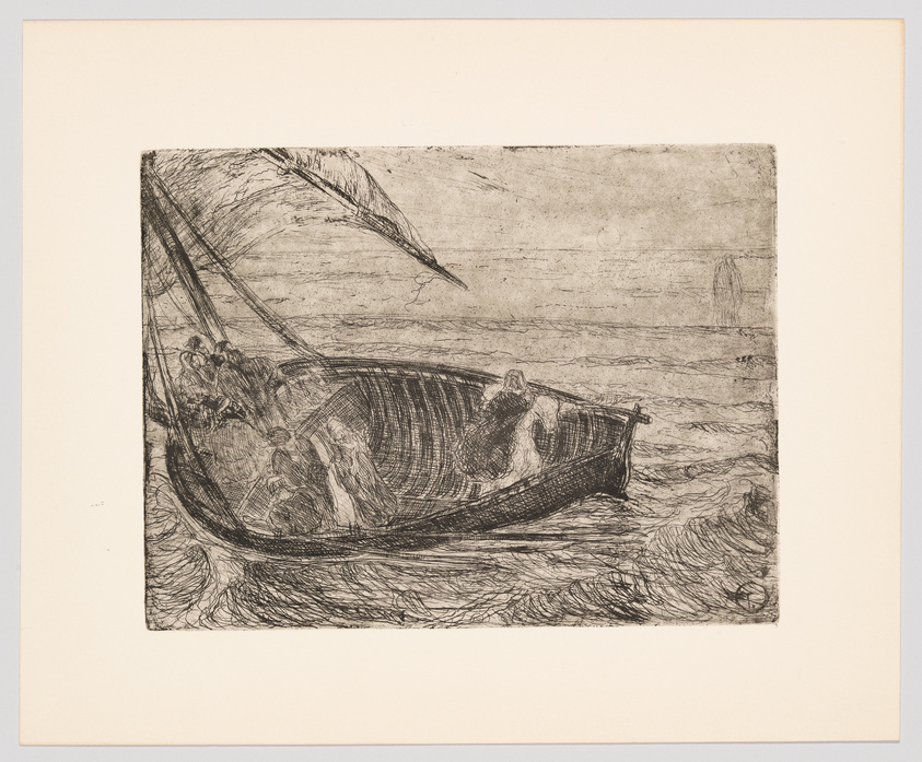 Etching of people in a small boat on a wavy sea with a sail partially visible and another boat in the distance.