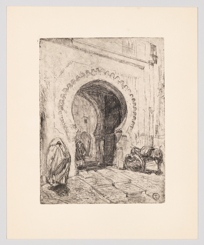 Etching of figures in traditional attire near an ornate archway, with intricate architectural details and a sense of antiquity.