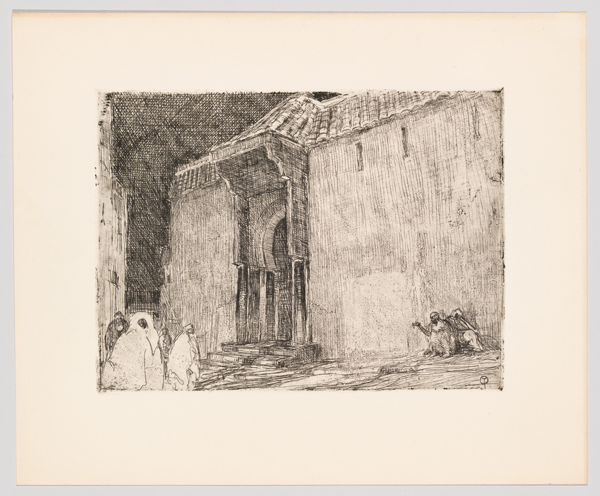 Etching of a classical building with arches and figures in period clothing.