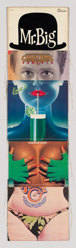 A collage of various album covers creating a surreal figure. The top features a black top hat with "Mr. Big" text, followed by a face with "Golden Tears" and "SUMERIA" text. The midsection shows a blue face with red lips sipping a drink through a straw from "Lime II," and the lower section depicts hands with green gloves on a torso with "SUMMER LOVE" text, ending with bikini bottoms with the phrase "TURNS YOU ON." The edges of the albums are frayed with strings hanging loose.