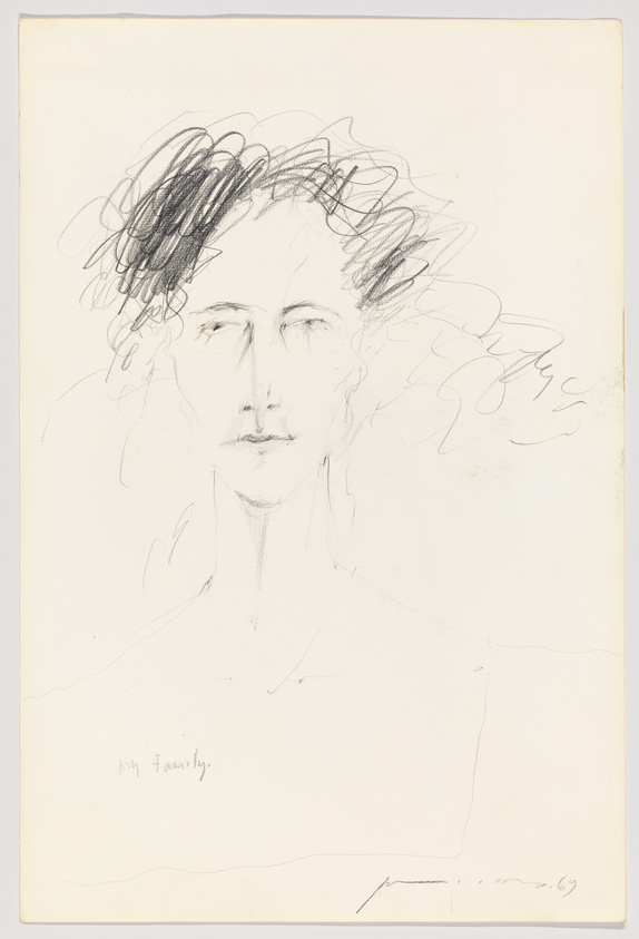 Sketch of a person with abstract, scribbled hair and a faintly detailed face, signed and dated at the bottom.