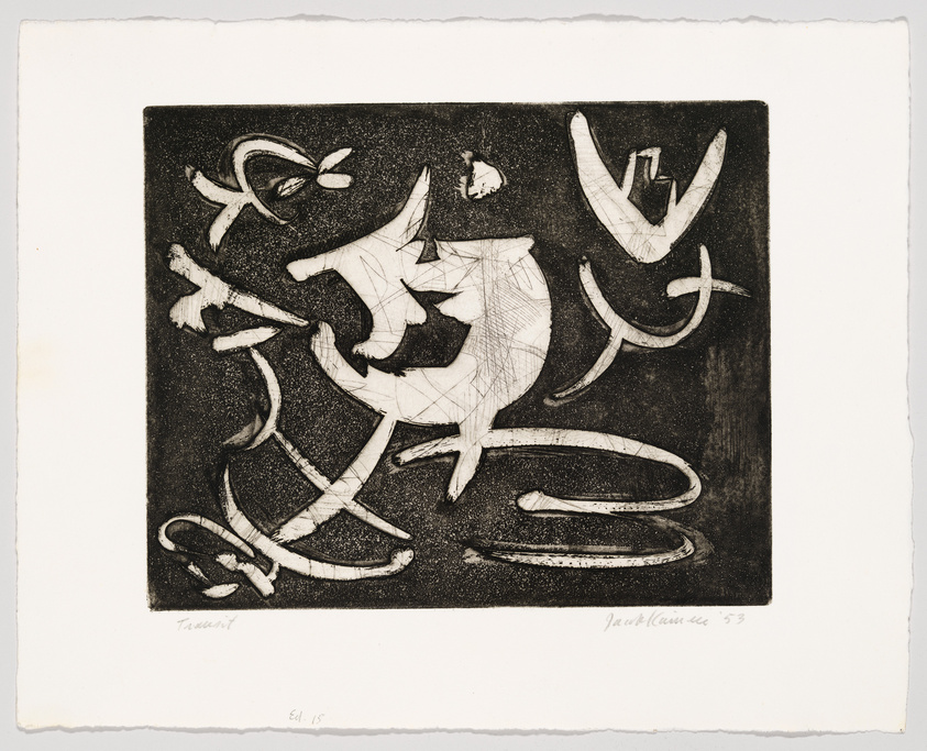 A black and white abstract etching with dynamic, curvilinear shapes and lines on a textured background. The artwork is signed by the artist in the lower left and right corners, with the edition number and the year '53 noted on the right. The paper has a rough edge, suggesting it may be handcrafted or torn from a larger sheet.