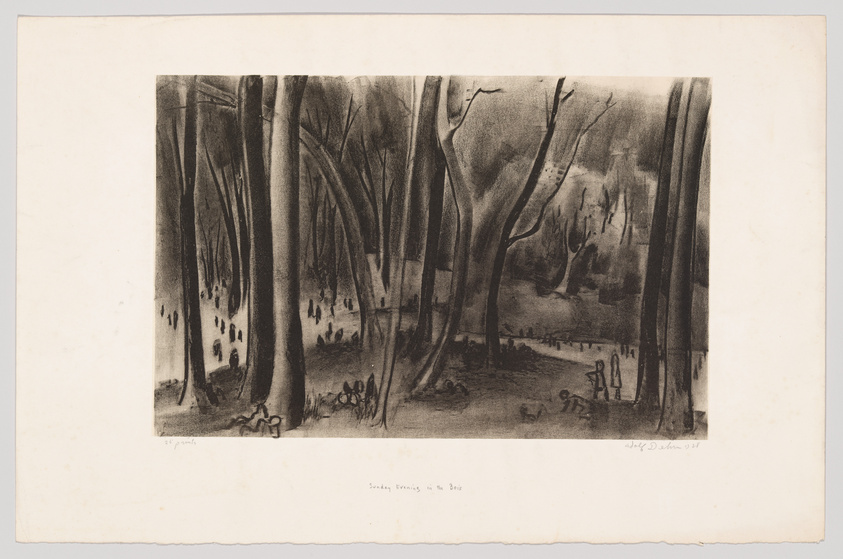 A black and white etching depicting a lively scene in a park with numerous trees and people mingling and walking about. The artwork, titled "Sunday Evening in the Bois," captures the essence of a leisurely evening with figures that appear to be strolling or sitting under the shade of the trees. The image conveys a sense of tranquility and communal activity typical of a public park setting.