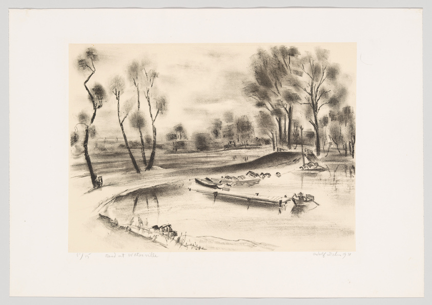 A black and white sketch of a serene riverside scene with leafless trees and a few small boats along the bank. Some figures appear to be sitting in the boats, while the background features faint outlines of buildings and more trees. The image has a soft, smudged quality, giving it an ethereal atmosphere. There is handwriting at the bottom left that reads "5/15 Road at Warrnella" and a signature at the bottom right.