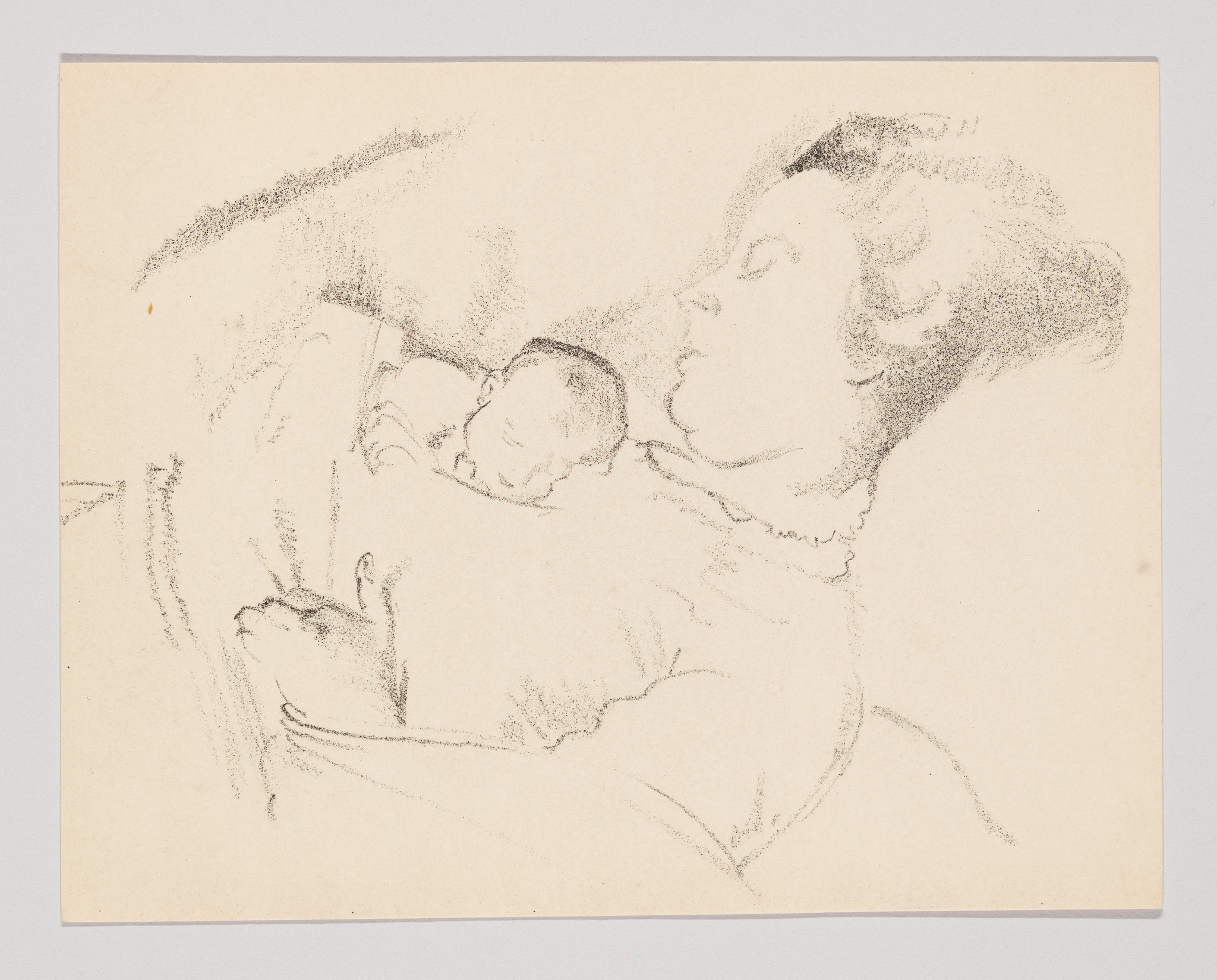 Sketch of a woman reclining and holding a sleeping infant in her arms, with the focus on the tenderness of the scene. The drawing is rendered in soft pencil lines on a beige paper background.