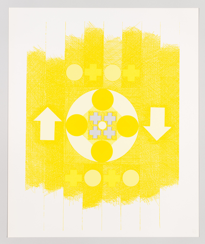 A graphic print featuring a central circular motif with geometric patterns in yellow and white, surrounded by various shapes including crosses and circles, as well as upward and downward arrows. The background has a textured yellow pattern with vertical dripping lines at the bottom.
