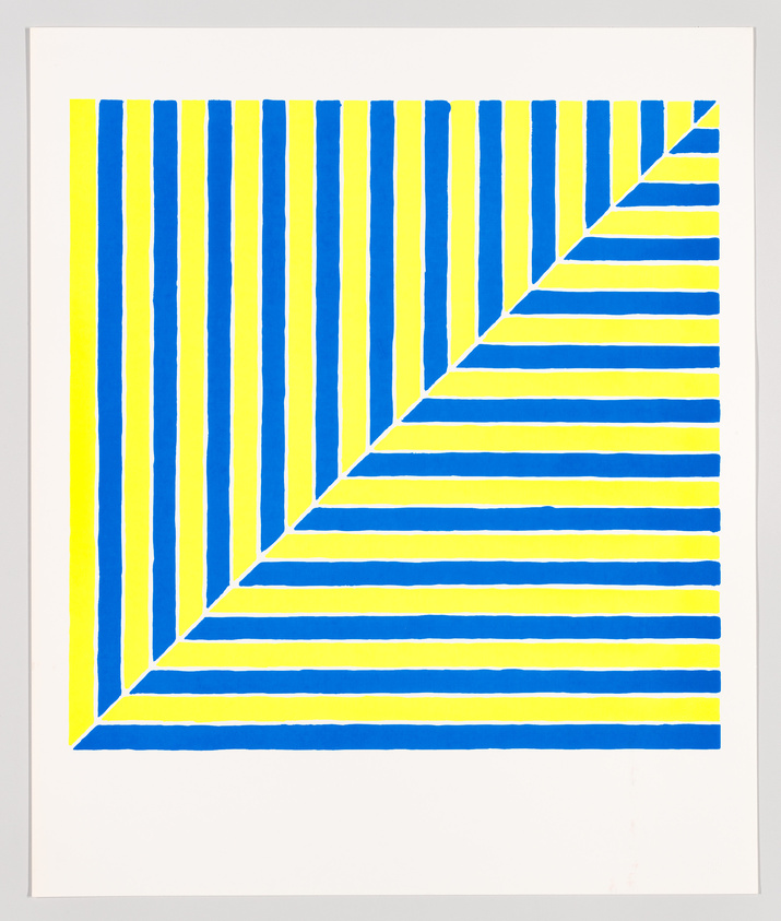 Graphic artwork with blue vertical stripes and yellow horizontal stripes creating a triangular intersection.