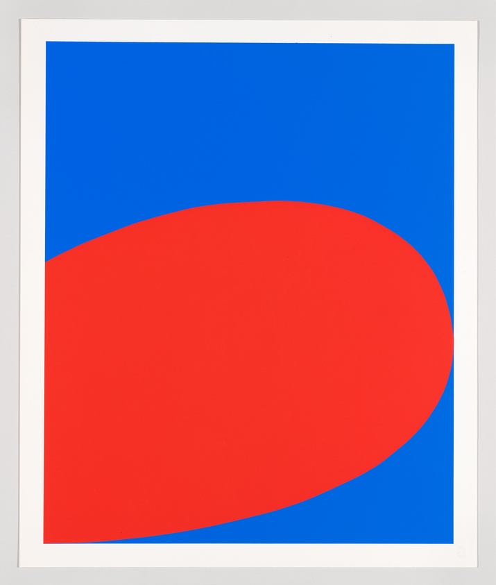 A graphic artwork featuring a large red oval shape centered on a bright blue background, all contained within a white border and framed.