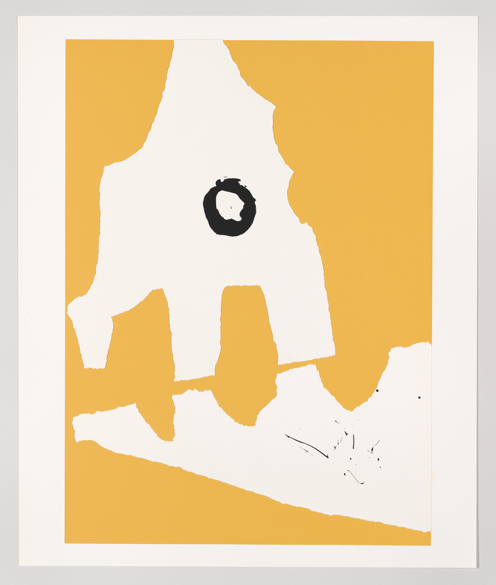 A modern art print featuring abstract shapes in white and black on a mustard yellow background. The central shape resembles a rough outline of a continent or a large island, with a prominent black circle near the top, possibly representing a location or a city.
