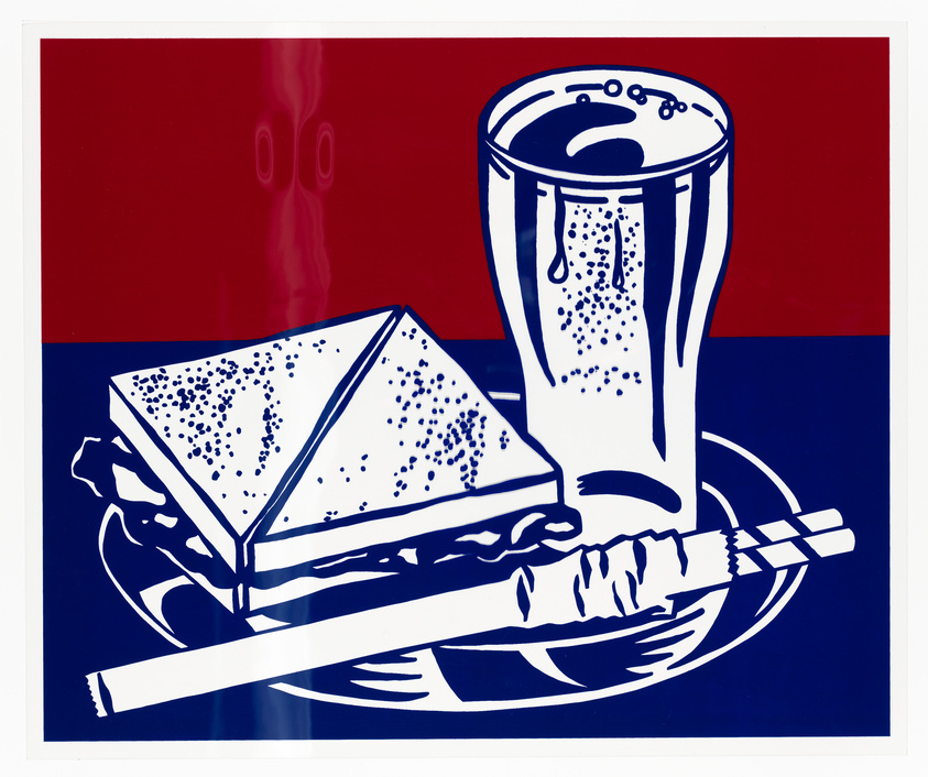 A sandwich, a glass of drink, and a cigarette on a plate with a red and blue background.