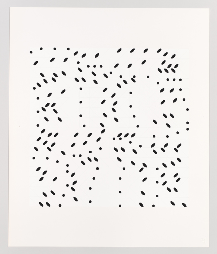 A graphic artwork featuring a pattern of black dots and elongated ovals scattered in a seemingly random distribution against a white background. The arrangement gives a sense of movement or flow across the page.