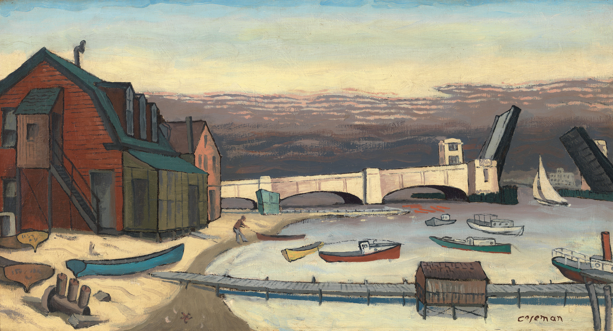 A painting depicting a coastal scene with rustic buildings in the foreground, a sandy beach with boats, and a bridge in the midground. The bridge spans a body of water with more boats, and the background features a hazy sky with clouds. The artwork is signed "coleman" in the lower right corner.