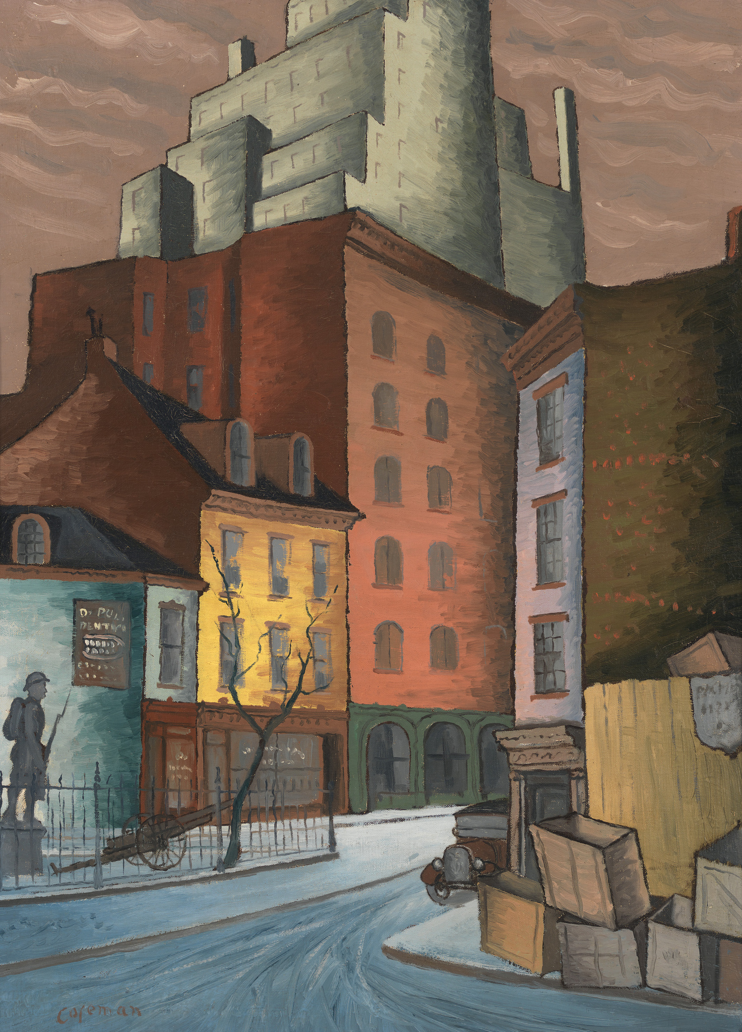 A painting depicting an urban street scene at dusk with a variety of buildings in different colors and sizes. In the foreground, a man in a hat stands near a blue building with a sign reading "Dr. Pui, Dentist." A leafless tree and a streetlamp are in front of a yellow building, while a pile of wooden crates and a motorcycle are on the right. Large, blocky buildings loom in the background under a cloudy sky. The artist's signature, "Goreman," is in the lower left corner.