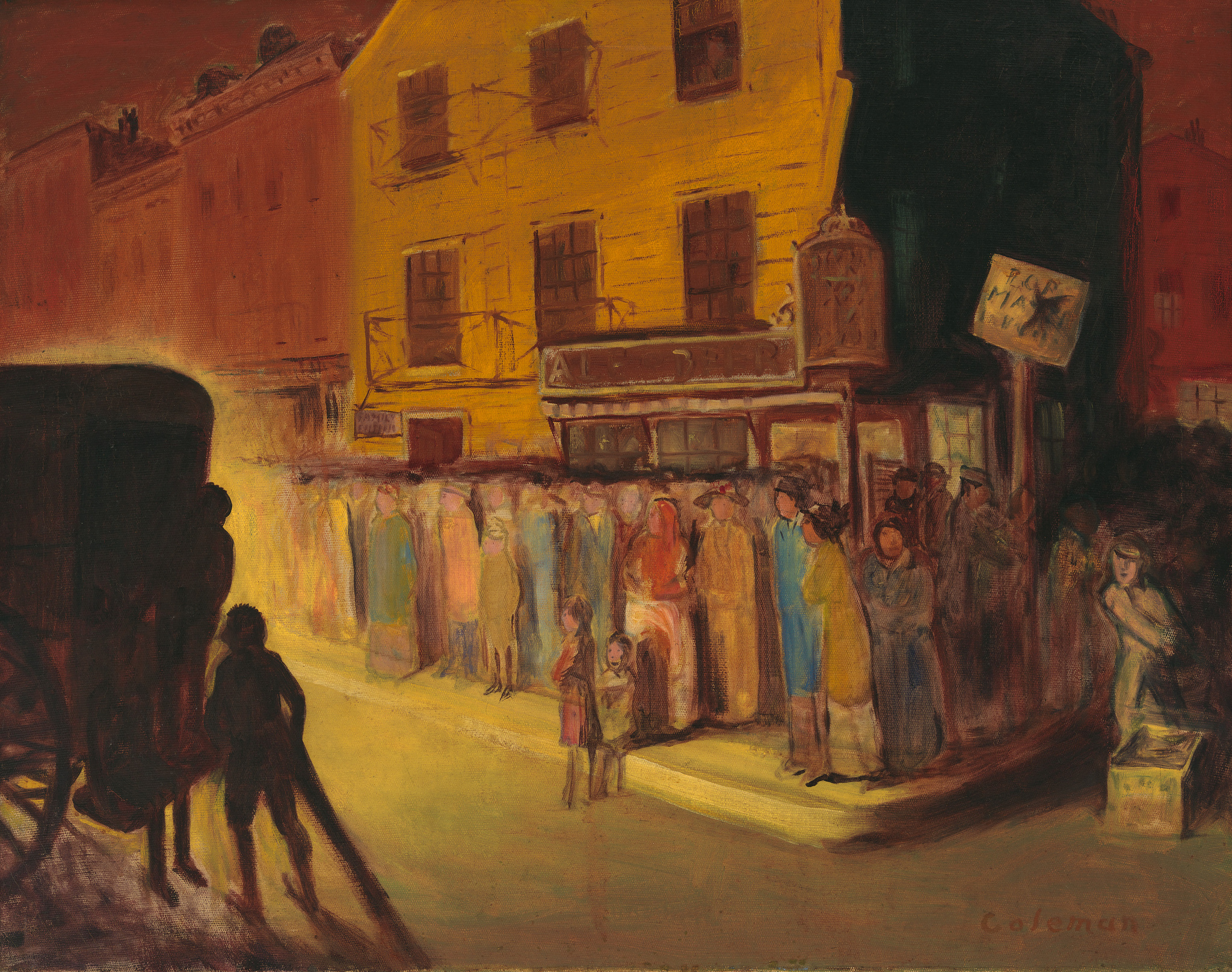 An impressionistic painting depicting a bustling street scene at dusk with a vibrant yellow building illuminated by warm light. Silhouettes of people and a horse-drawn carriage are cast against the cobblestone street, while a group of figures stands in front of shop windows displaying garments. The artwork is signed "Coleman" in the lower right corner.