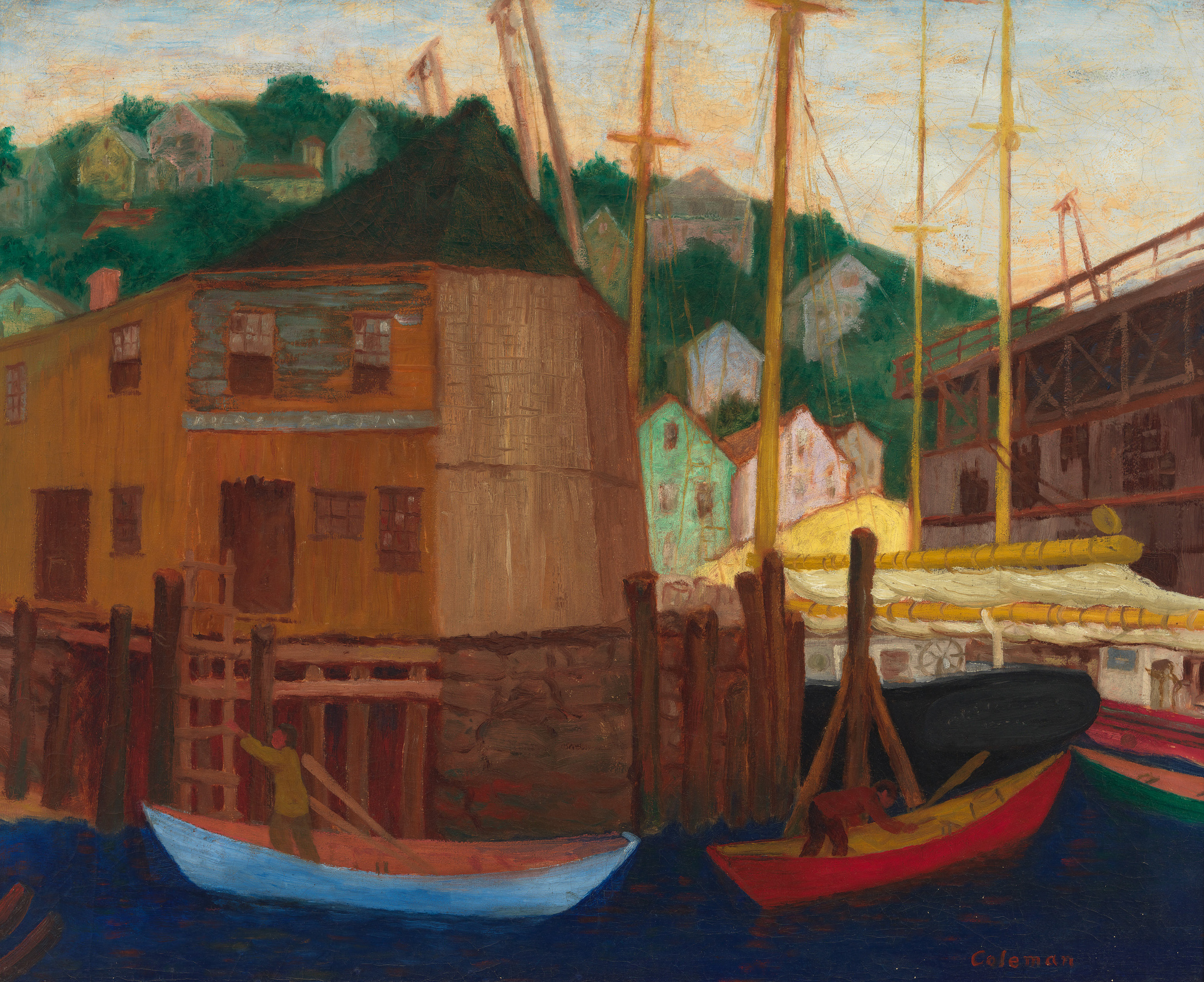 A painting depicting a rustic harbor scene with boats moored against a wooden dock, a large yellow and brown building in the foreground, and masts of ships visible against a backdrop of green hills and houses under a twilight sky. The artist's signature, "Coleman," is visible in the lower right corner.