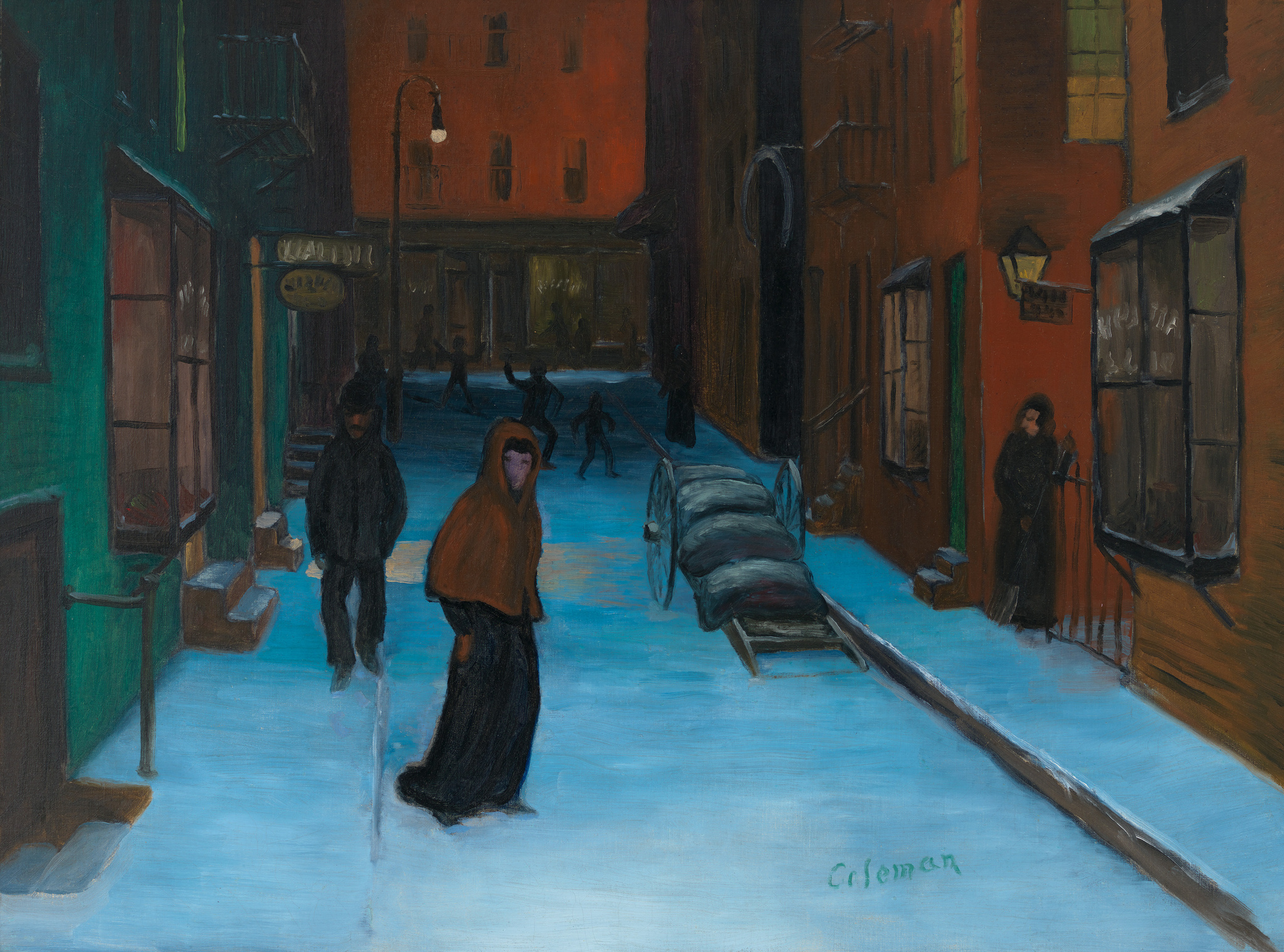 A painting depicting a dusky, snow-covered street scene with several figures walking or standing, including a prominent figure in an orange cloak and another in black. Buildings line the street, and a horse-drawn cart is visible to the side. The artwork is signed "Coleman" in the lower right corner.