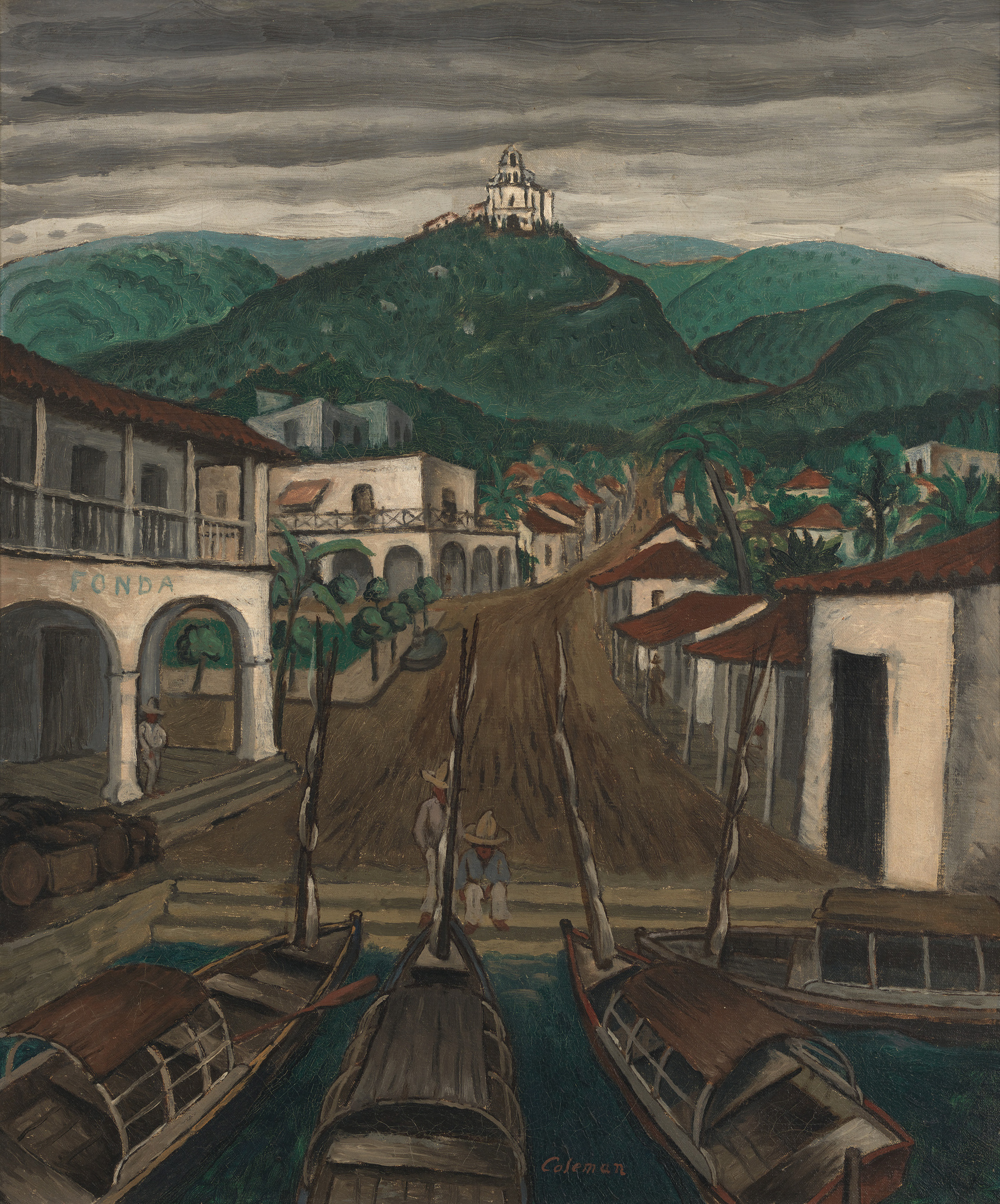 A painting depicting a rustic village scene with a hilltop church overlooking the settlement. The foreground shows a canal with moored boats and figures in traditional attire, while the background features rolling hills under a cloudy sky. The architecture suggests a Latin American setting, and the artwork is signed "Colmenares 87" in the lower right corner.