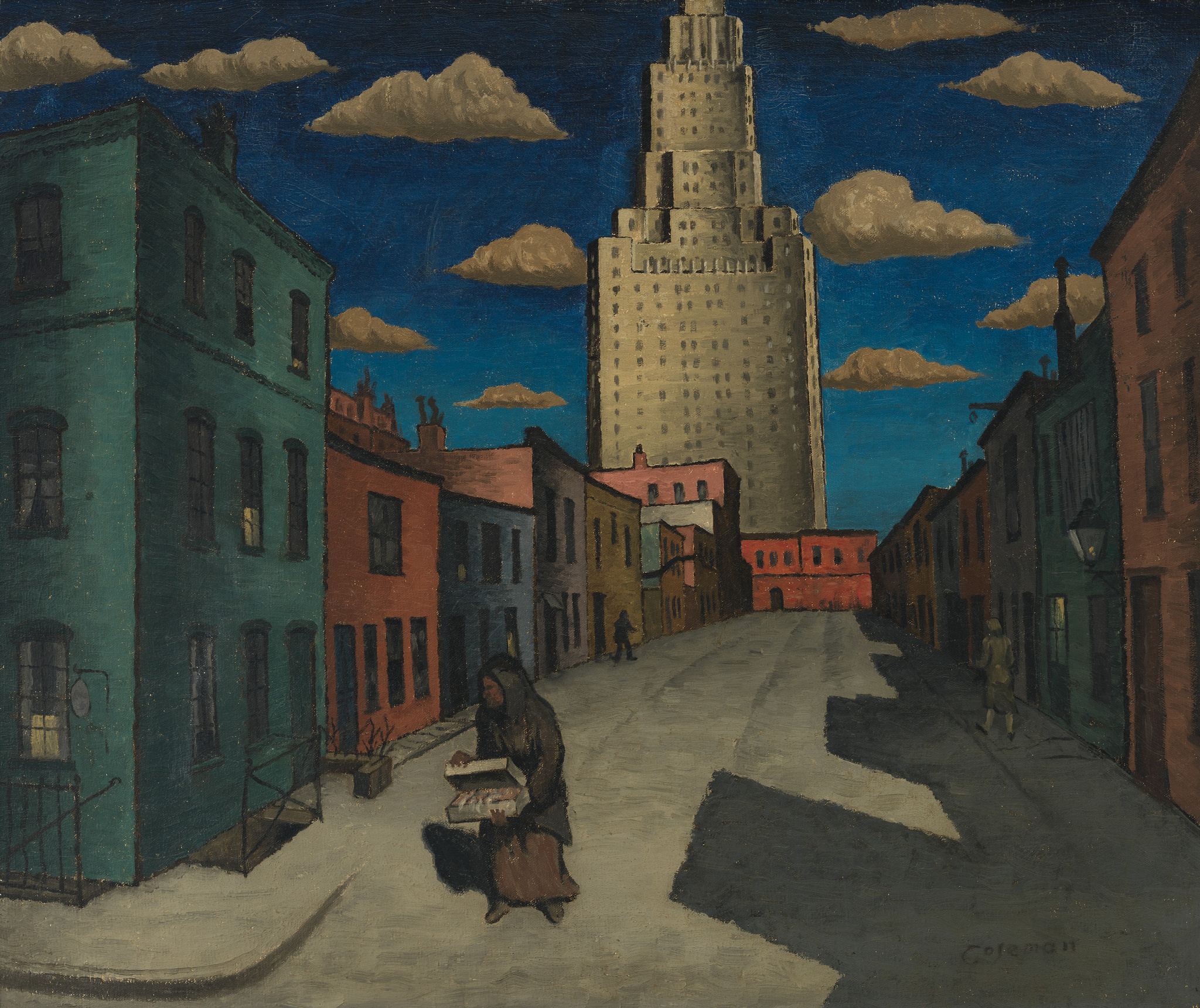A painting depicting a street scene with colorful buildings under a deep blue sky with scattered clouds. In the foreground, a figure in dark clothing appears to be walking down the street carrying a box. The street leads towards a tall, imposing building that dominates the background, suggesting a contrast between the residential area and the urban structure. The artwork is signed "Colman" in the lower right corner.