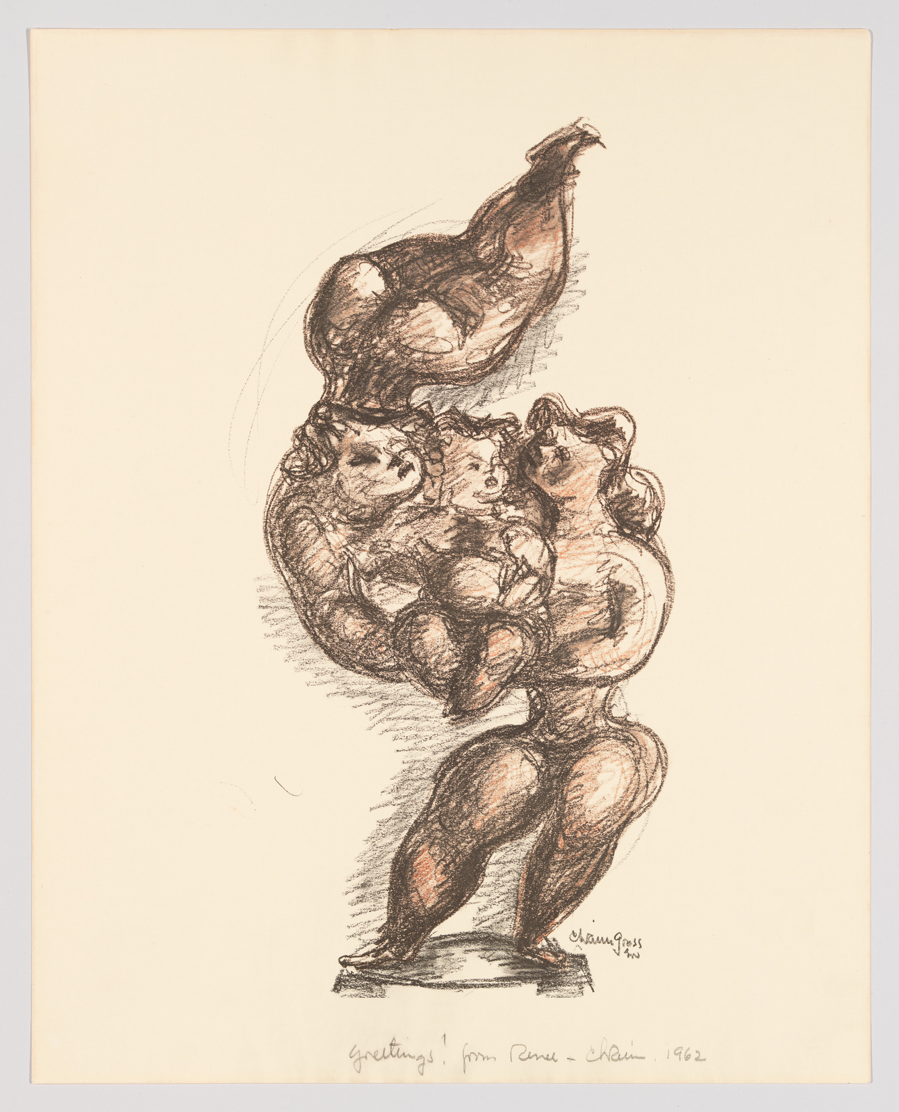 A sketch on a beige paper featuring a stylized drawing of three muscular figures, with exaggerated bodybuilder physiques, stacked in a totem pole fashion. The top figure is a chicken with large human-like arms, followed by two human figures beneath it, all flexing their muscles. The artwork is signed and dated at the bottom with the text "greetings from Rene & Alain - 1962."