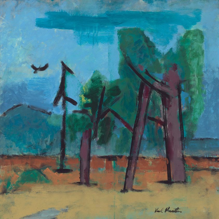 An abstract painting featuring a landscape with stylized trees in the foreground, a blue sky with a hint of clouds above, and a bird in flight. The brushwork is loose and expressive, with a vibrant palette of blues, greens, and earth tones. The artist's signature is visible in the lower right corner.