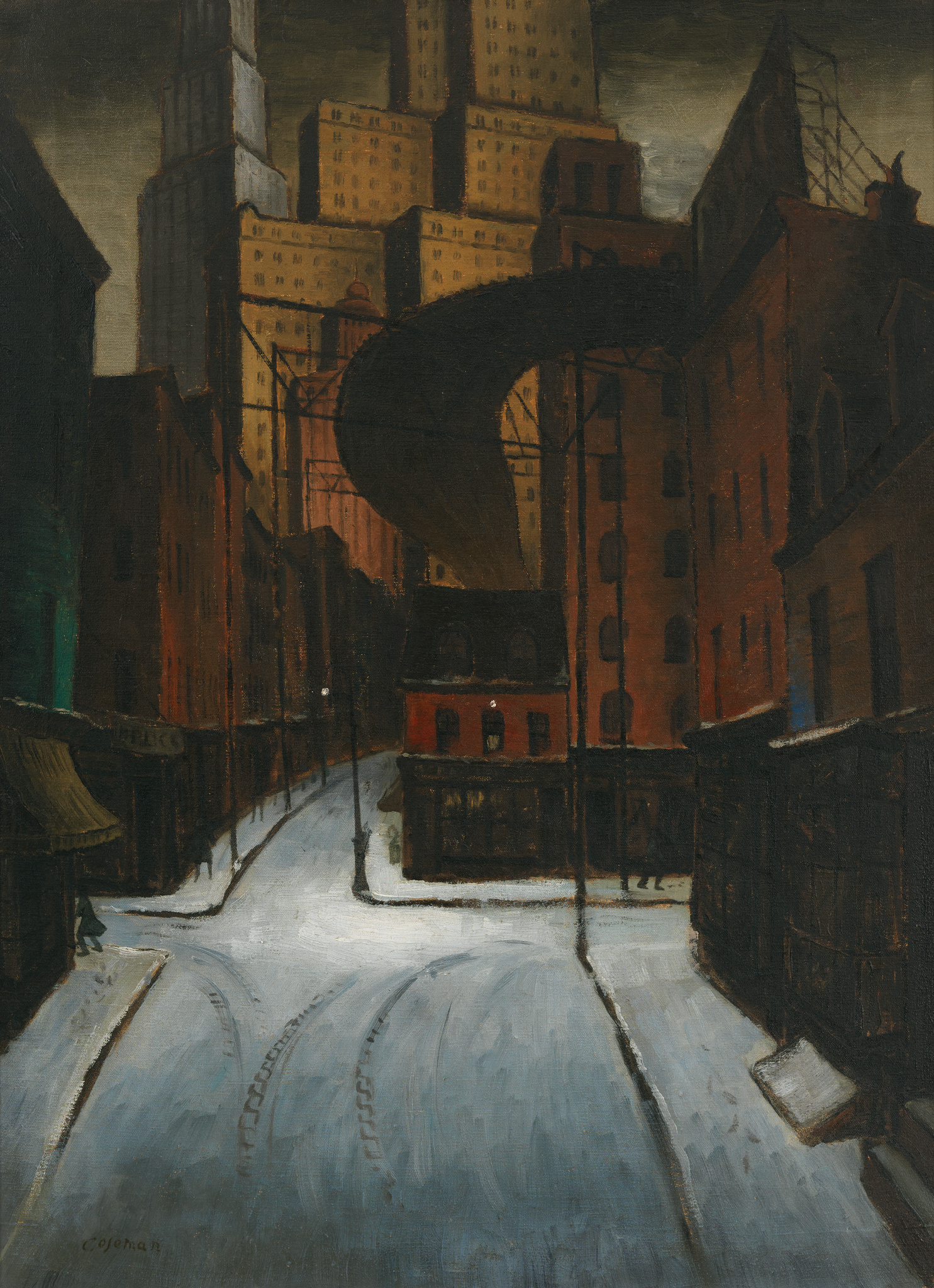 A painting depicting a snowy city street at dusk or night, with the glow of lights from windows of tall buildings in the background. The scene is void of people, creating a sense of quiet isolation. The street is flanked by dark buildings, and a large, dark circular structure, possibly a water tower, looms overhead. The snow-covered ground reflects the light, highlighting the tracks of vehicles and footsteps that have passed through. The artist's signature, "CJOHAN," is visible in the lower left corner.