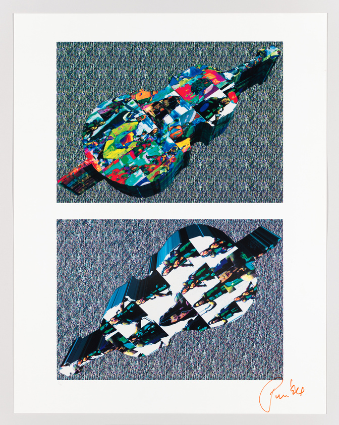 A digitally manipulated artwork featuring two images of a guitar with a colorful, abstract design against a textured grey background. The top guitar has a more vibrant and varied color palette, while the bottom guitar has a repeated pattern with darker tones. Both are set on a white border with a signature in orange at the bottom right corner.