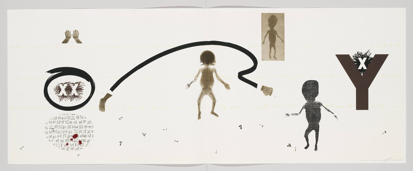 A wide, panoramic artwork featuring a collage of various elements: two pairs of hands in different styles, a large black spiral with a rough sketch of an eye at its center, a silhouette of a humanoid figure with a shadow, a small brown figure with a white outline, and a large brown letter 'Y' with a black 'X' at the intersection. The background is white with faint, cursive handwriting scattered throughout.