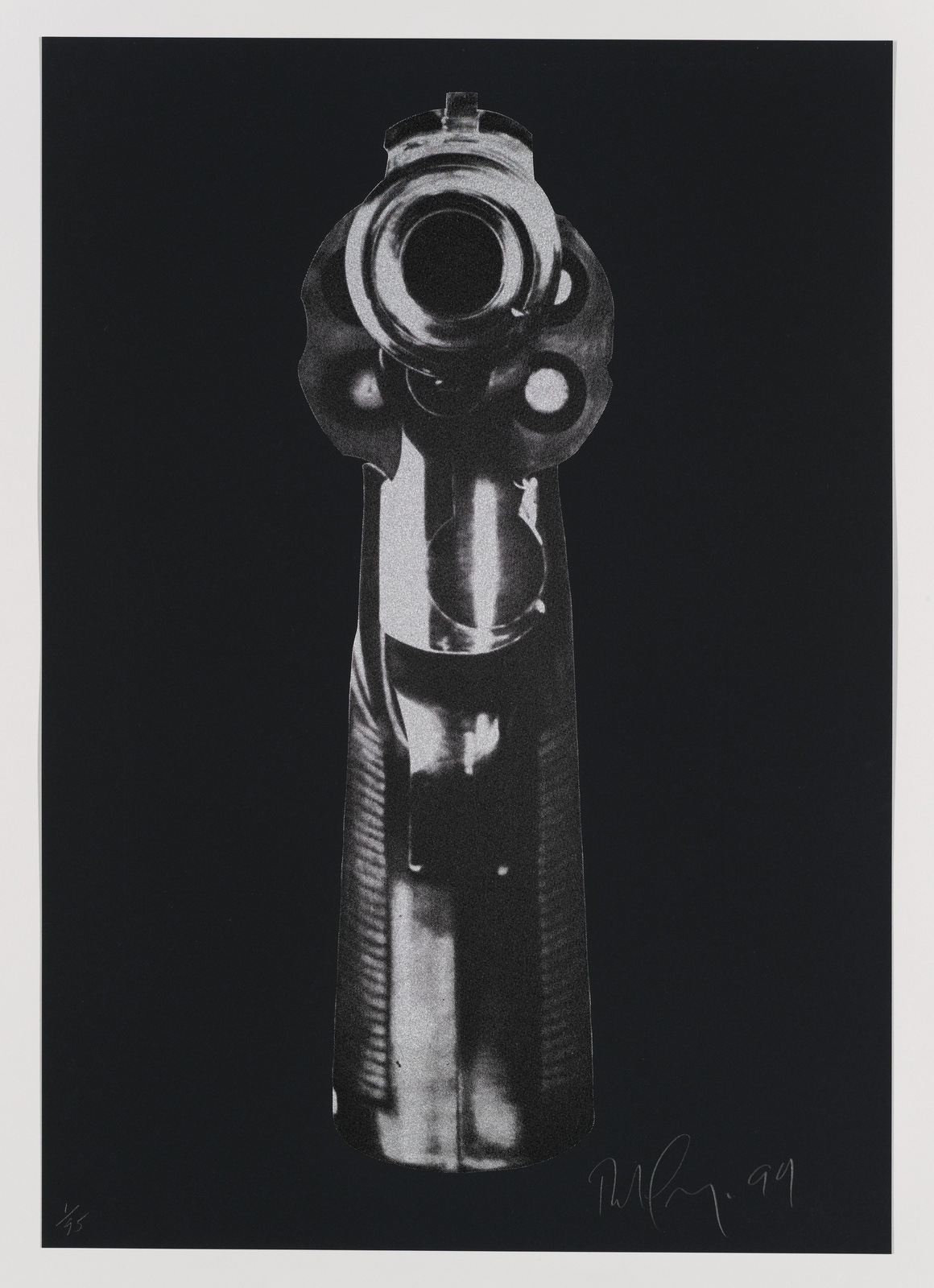 A high-contrast black and white artwork depicting a revolver pointed directly at the viewer, with the barrel centered and in focus. The image is signed and dated in the lower right corner.
