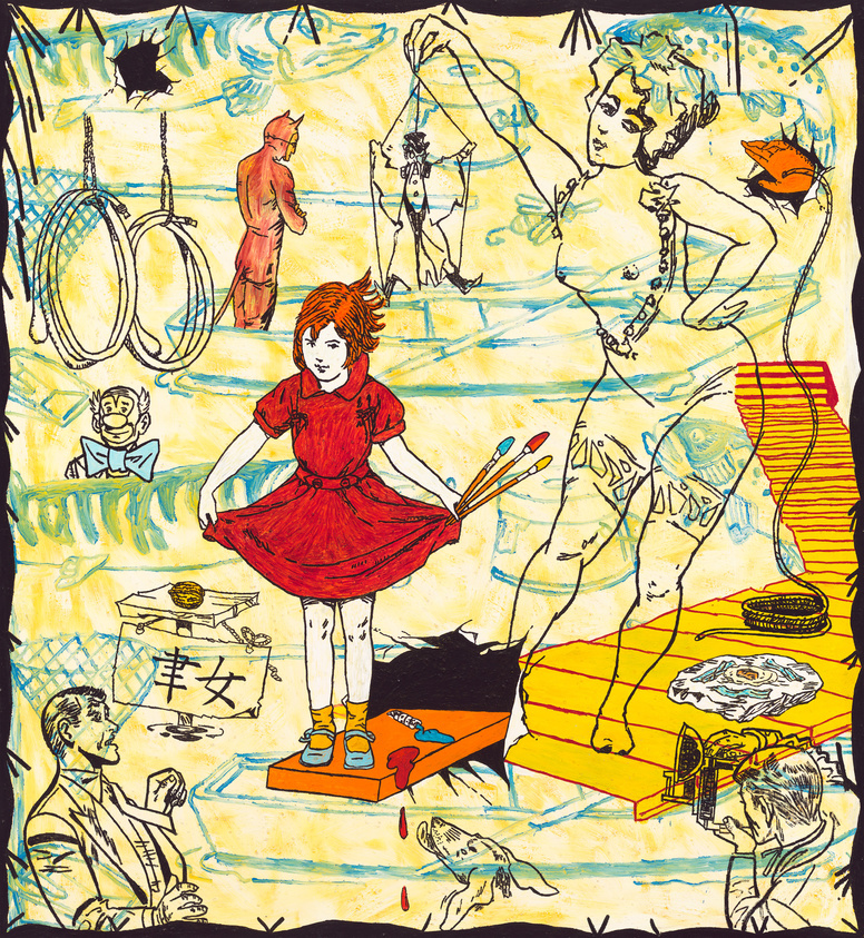 A vibrant and abstract artwork featuring a central figure of a girl in a red dress holding paintbrushes, surrounded by various sketched characters and objects, including a man in a suit, a woman posing, animals, and whimsical elements, all set against a yellow and blue background with scribbles and drawings.