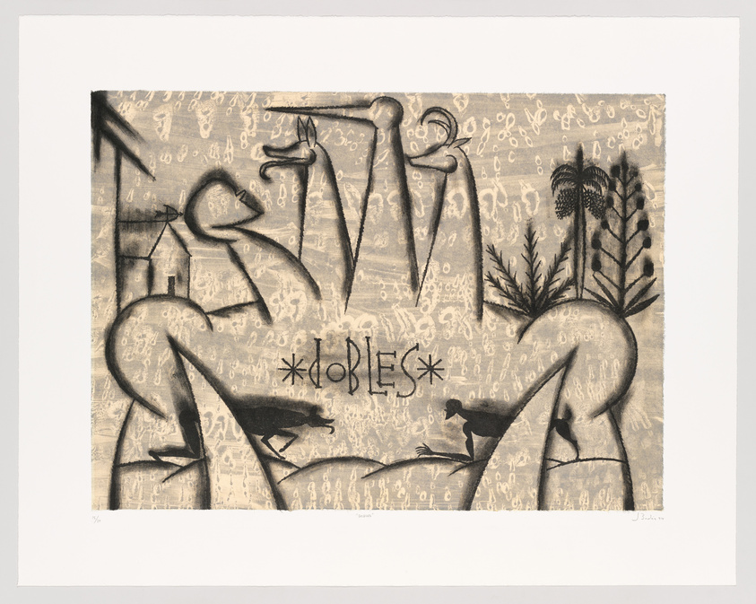 A monochromatic artwork featuring abstract figures and symbols on a textured background. The central figure appears to be a stylized human form with exaggerated limbs and a simplified face, surrounded by various shapes and cryptic markings that resemble primitive or graffiti-like drawings. The composition is framed within a white border, and there is a signature at the bottom right corner.