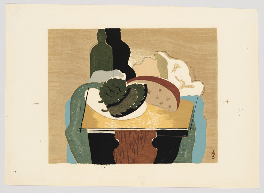 A stylized print featuring abstract shapes and colors that suggest a still life composition with a bottle, a bowl of fruit, and other indistinct objects on a table, set against a beige background with small cross and plus sign marks near the edges.