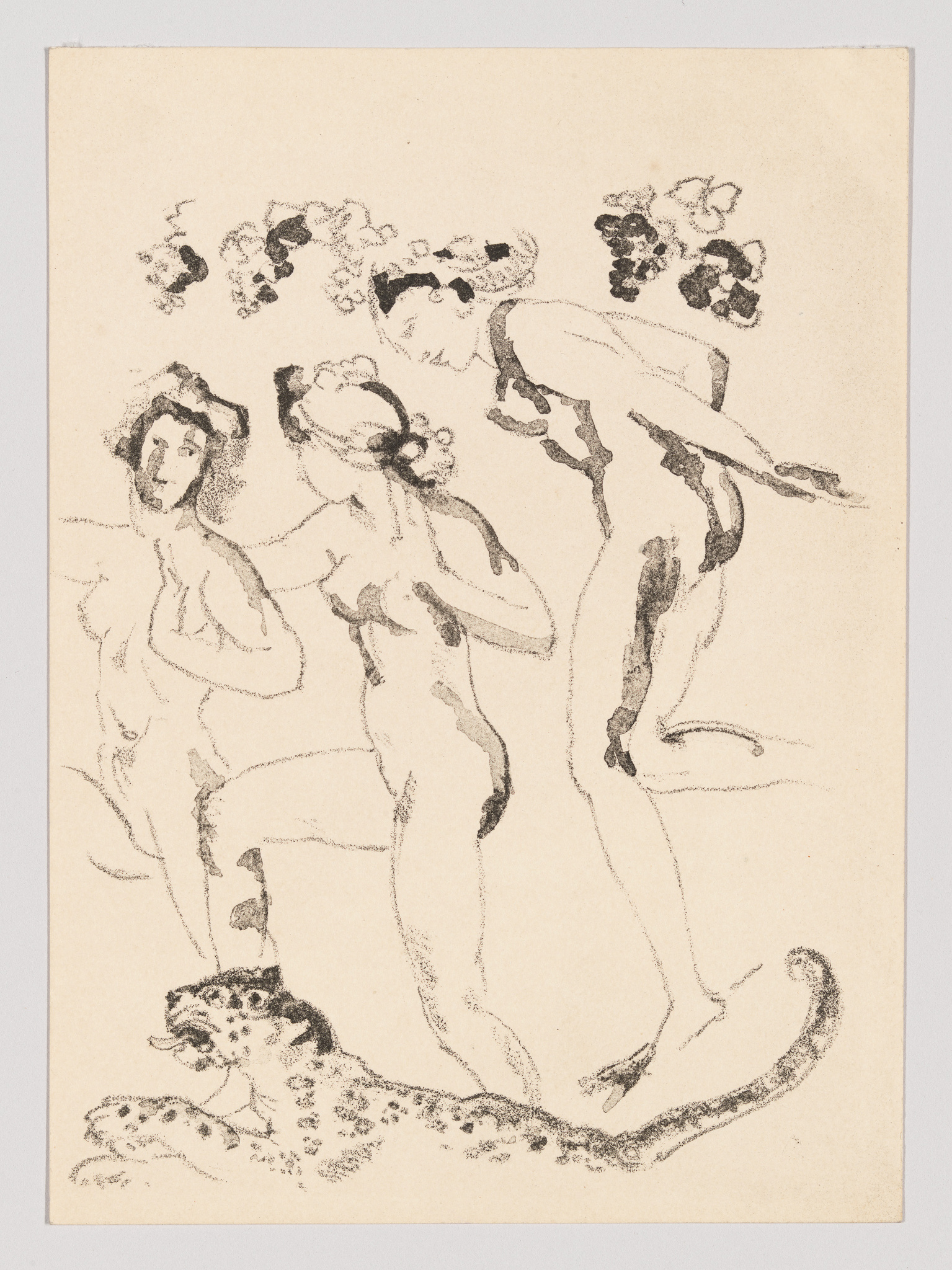 Sketch of three nude female figures in a dynamic, flowing composition with floral elements above and a leopard at the bottom right corner, rendered in a loose, impressionistic style on beige paper.
