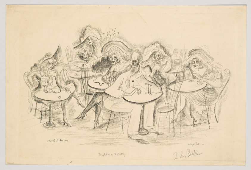 Sketch of a lively café scene with caricatured figures, including a central character with a long beard, surrounded by exaggerated and whimsical individuals, some seated at tables. The artwork is signed and dated by the artist.