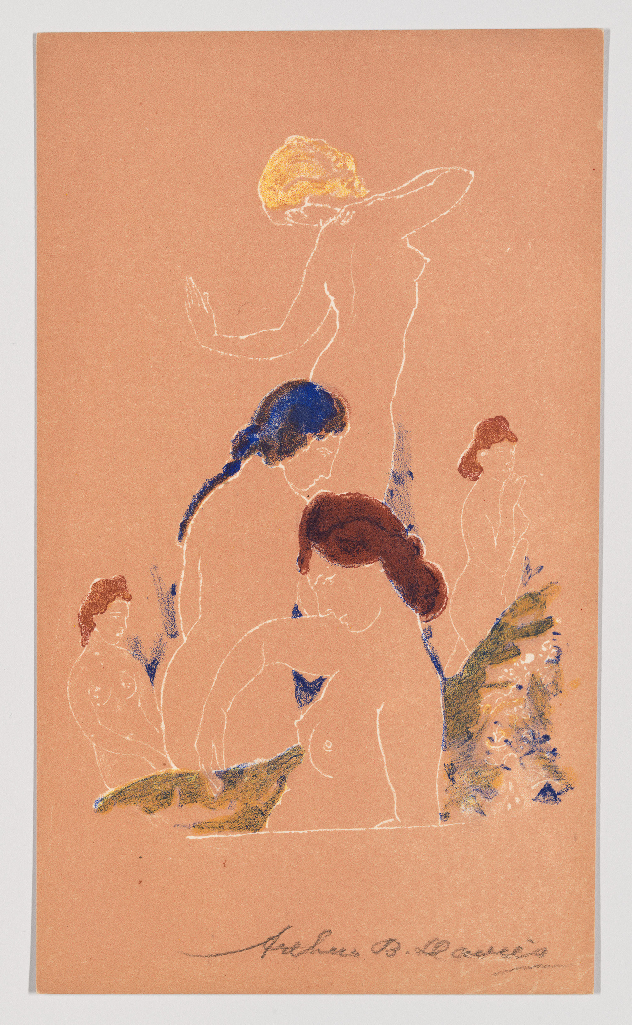 This image features a print with abstract and minimalist representations of human figures in various poses on a salmon-colored background. The figures are outlined in a light color, with some areas filled in with blue and brown hues. There are also touches of yellow and green, suggesting additional elements or perhaps foliage. The bottom of the print contains a handwritten signature.