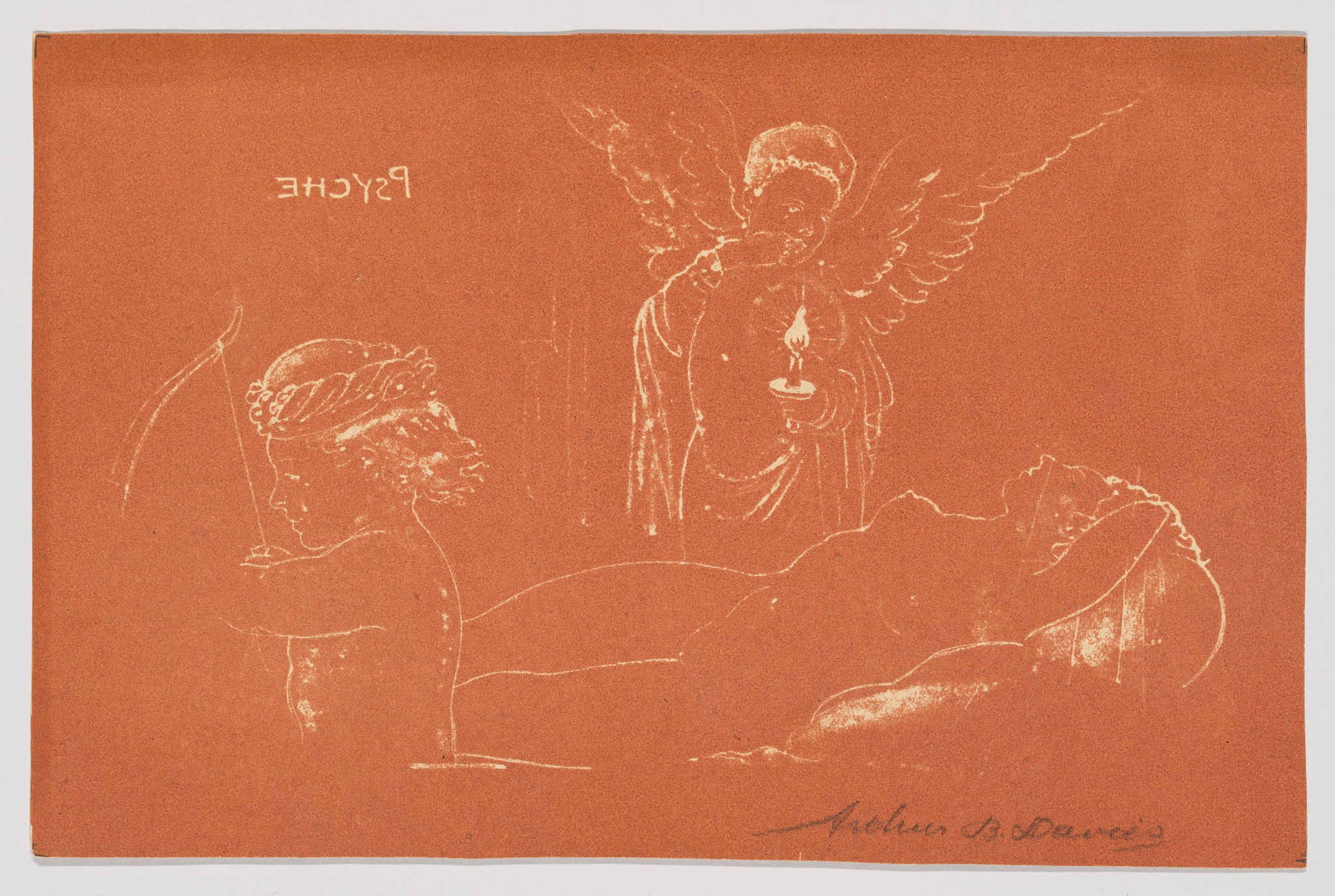 A sepia-toned artwork featuring a sketch of a classical scene with a winged angel holding a candle and a reclining figure, possibly an archer, with a bow. The image is inverted with text and signatures appearing backwards.