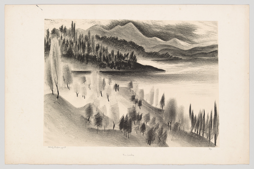 A black and white lithograph depicting a serene landscape with a lake surrounded by rolling hills and clusters of trees. The foreground shows a slope with scattered trees, leading down to the water's edge. The background features layered mountain ridges with a textured appearance, suggesting a calm, reflective atmosphere. The artist's signature and the title "The Lake" are visible at the bottom.
