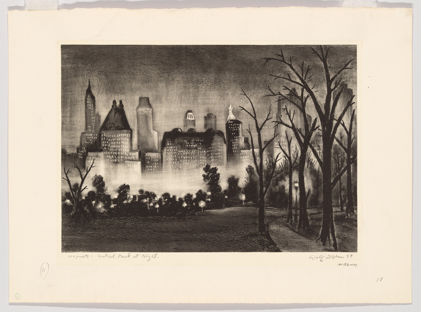 A black and white etching depicting a nighttime view of Central Park with silhouetted bare trees in the foreground and illuminated buildings of a city skyline in the background. The image has a caption at the bottom left that reads "100 prints - Central Park at Nigt." and is signed by the artist at the bottom right.