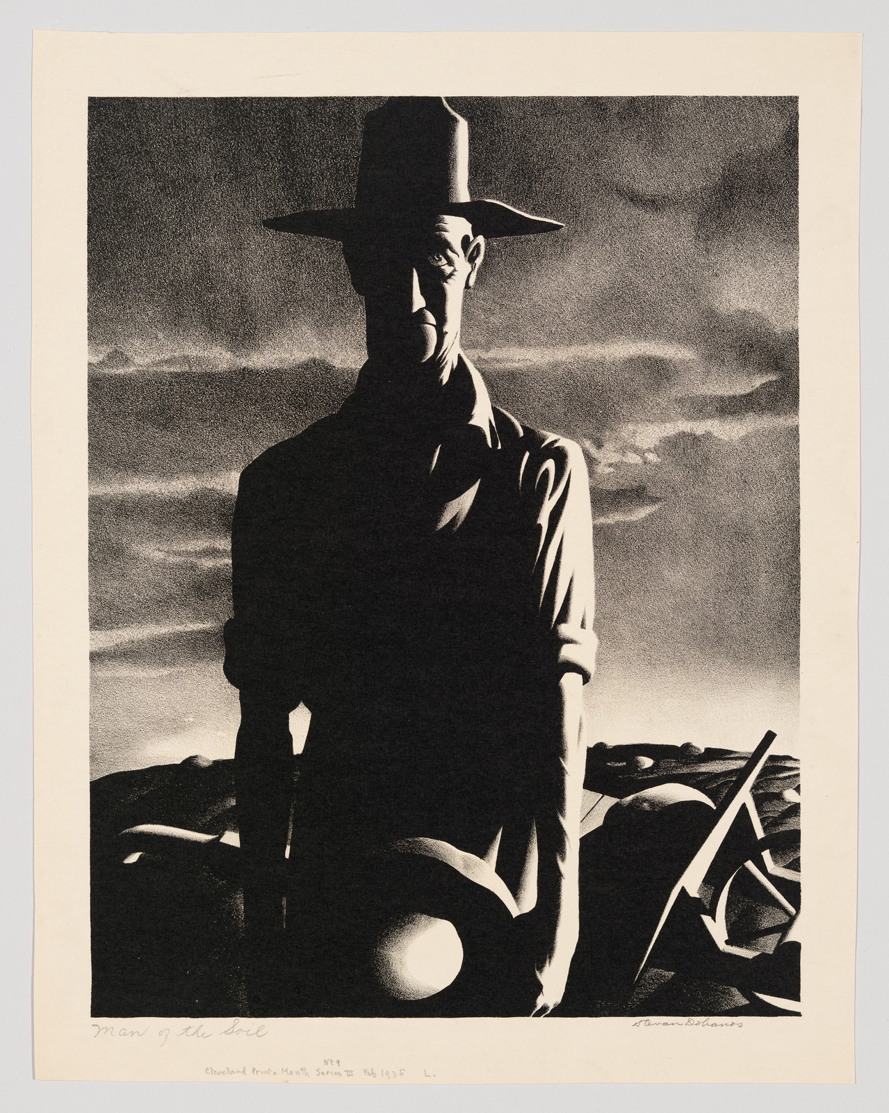 A black and white print depicting a stern-looking man in a wide-brimmed hat standing in the foreground with a dramatic, cloud-filled sky and a desolate landscape in the background. The man casts a strong shadow to his right, and there are farming tools and a wheel partially visible at his feet. The image has a stark, high-contrast quality, and there is handwritten text at the bottom.