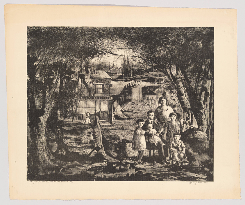 A vintage black and white etching depicting a family of seven standing in a rustic outdoor setting with trees, a wooden house, and a fence in the background. The family, dressed in early 20th-century attire, consists of two adults and five children, with the youngest child being held. The artwork is signed and dated at the bottom right.