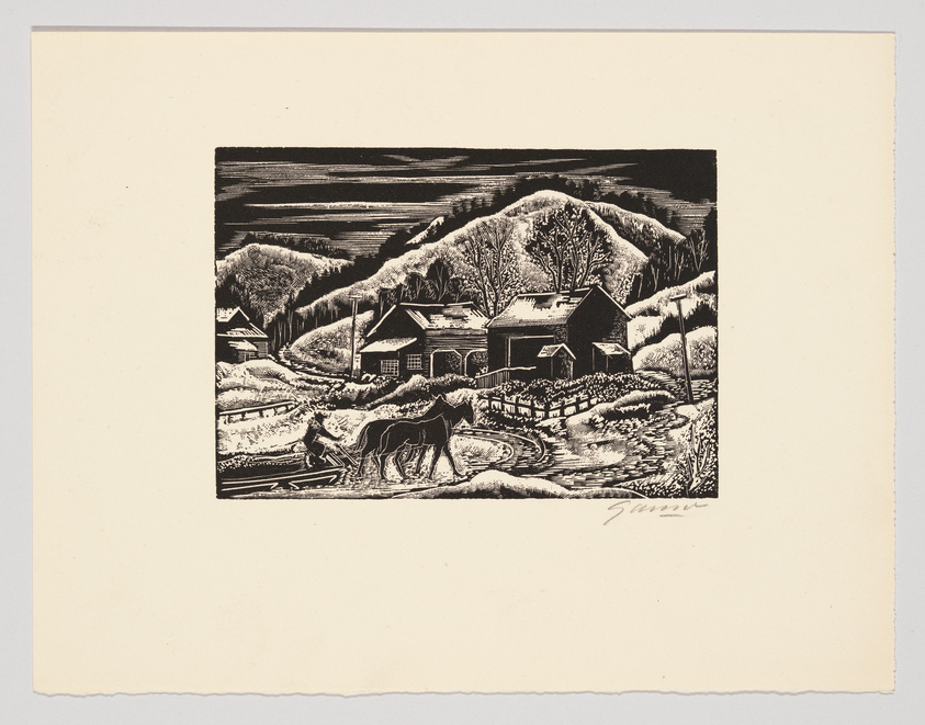 A black and white woodcut print depicting a rural winter scene with snow-covered houses and trees, a winding road, and rolling hills in the background. The artwork is signed in the lower right corner.