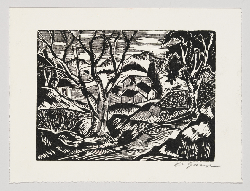 A black and white woodcut print depicting a rural landscape with trees in the foreground and a cluster of buildings nestled in the background. The scene is characterized by strong contrasts and expressive lines, creating a sense of depth and texture. The artist's signature is visible in the lower right corner.