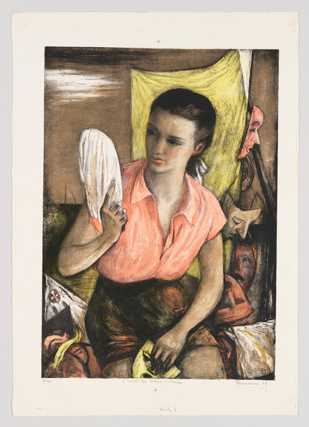 A colorful artwork depicting a seated woman looking at a reflection of her face in a hand mirror. She wears a salmon-colored blouse and is surrounded by various objects, including a yellow cloth hanging in the background and a banana peel in her lap. The style suggests a mix of realism and expressionism, with strong lines and textured shading.