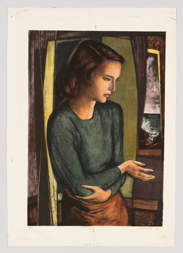 A contemplative woman with short hair, dressed in a green top and brown skirt, is depicted sitting beside a mirror in a color lithograph. The reflection shows a partial view of her face and a glimpse of a stormy seascape in the background. The artwork has a textured appearance with visible brush strokes, and there's a handwritten signature and title at the bottom.