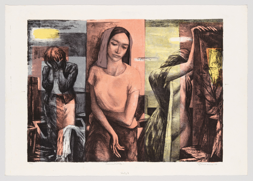 Three women depicted in a colorful print, each absorbed in different emotional states, with abstract elements.