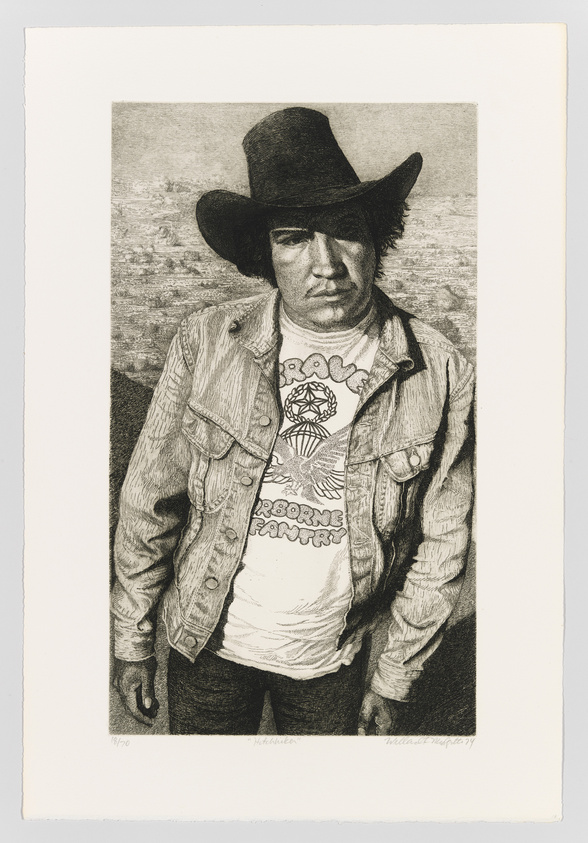 A detailed black and white etching of a person wearing a cowboy hat, a denim jacket, and a t-shirt with a graphic design. The individual has a serious expression and stands with hands partially tucked into the pockets of dark pants. The background appears textured and indistinct. The artwork is numbered and signed by the artist at the bottom.