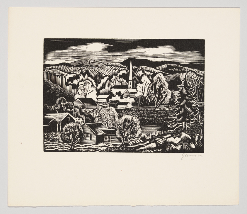 A black and white woodcut print depicting a pastoral landscape with a church steeple rising above clustered buildings, surrounded by trees and rolling hills in the background under a dynamic sky. The artwork is signed in the lower right corner.