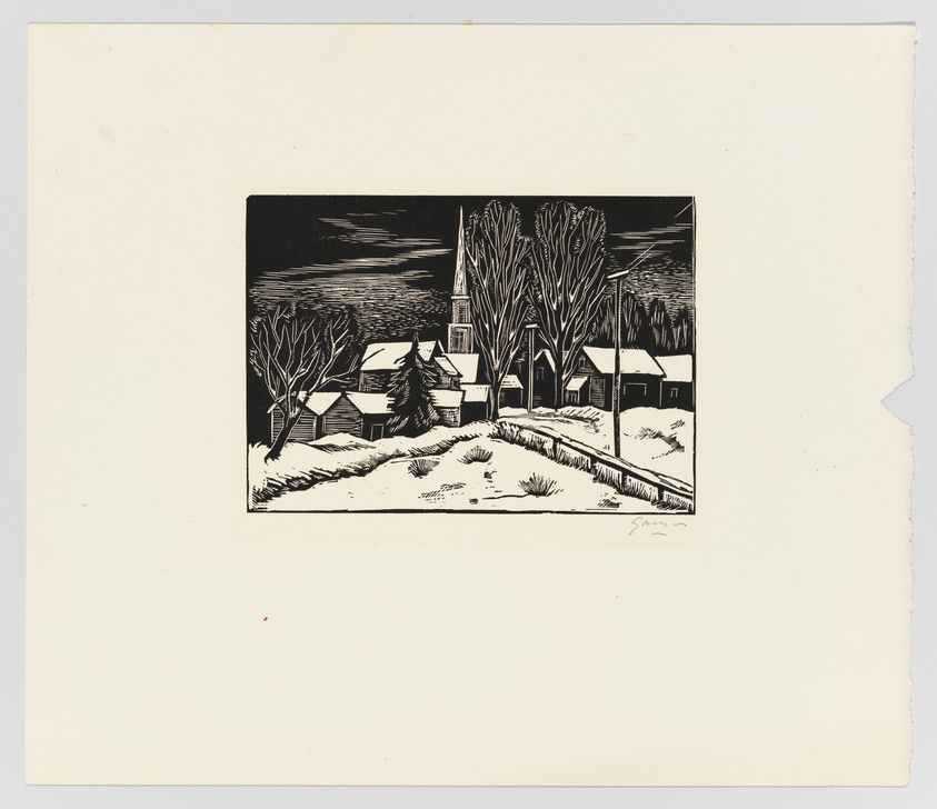 A black and white woodcut print depicting a serene winter scene with a collection of houses and a church surrounded by bare trees, with a backdrop of a dark night sky. The artwork is signed by the artist in the lower right corner.