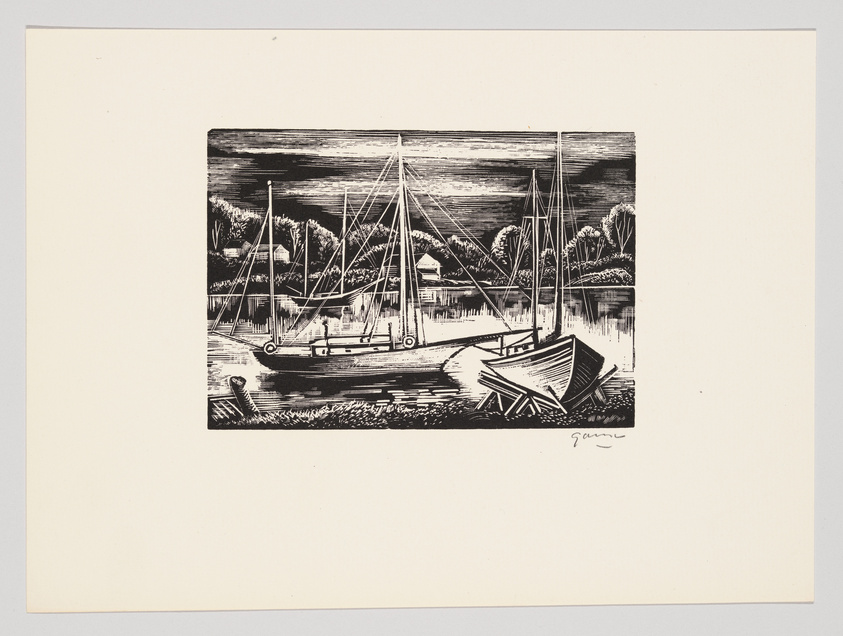 Black and white print depicting a serene harbor scene with sailboats moored at a dock, surrounded by trees, with a small rowboat in the foreground on the right and calm reflective water. The image is signed by the artist in the lower right corner.